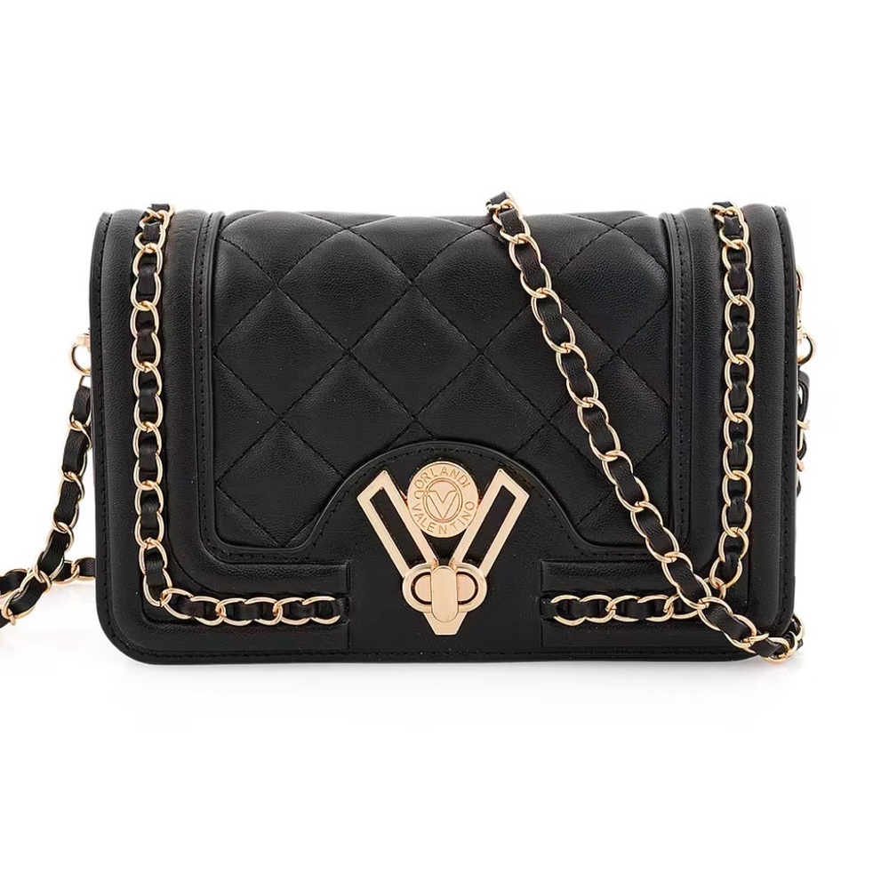 NWOT Valentino Orlandi Black Quilted Gold Chain Shoulder Bag Small Crossbody